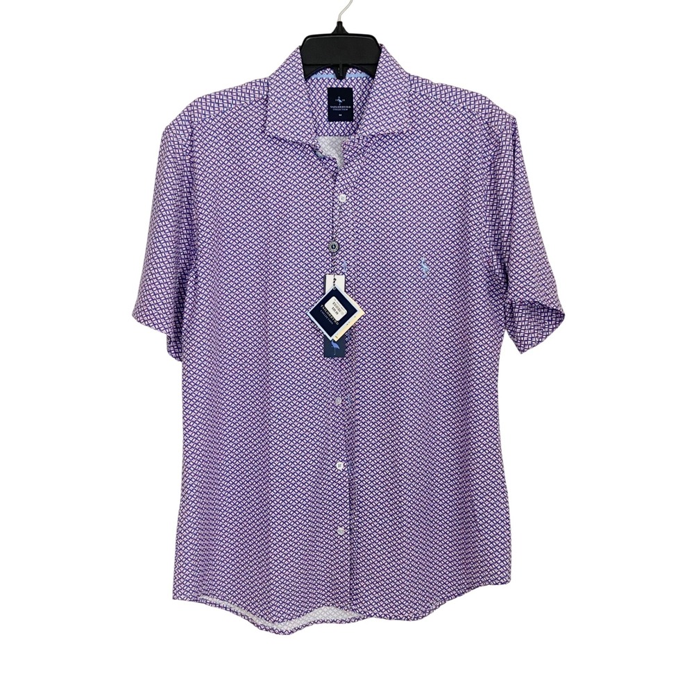3/$25 Tailorbyrd Mens Short Sleeve Button Down Shirt Geometric Print Purple M